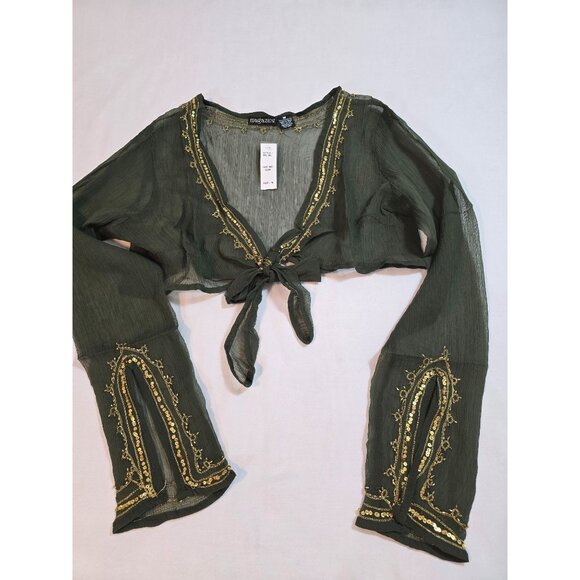 Olive Green Silk Chiffon top, cropped tie front by Magazine Size M New - Picture 8 of 11